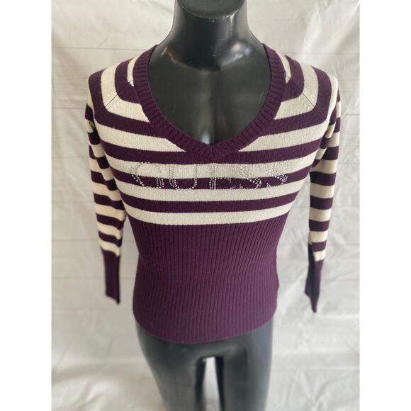 GUESS Purple & Cream Rhinestone Logo Long Sleeve V-Neck Sweater Women’s MEDIUM # - Picture 1 of 8